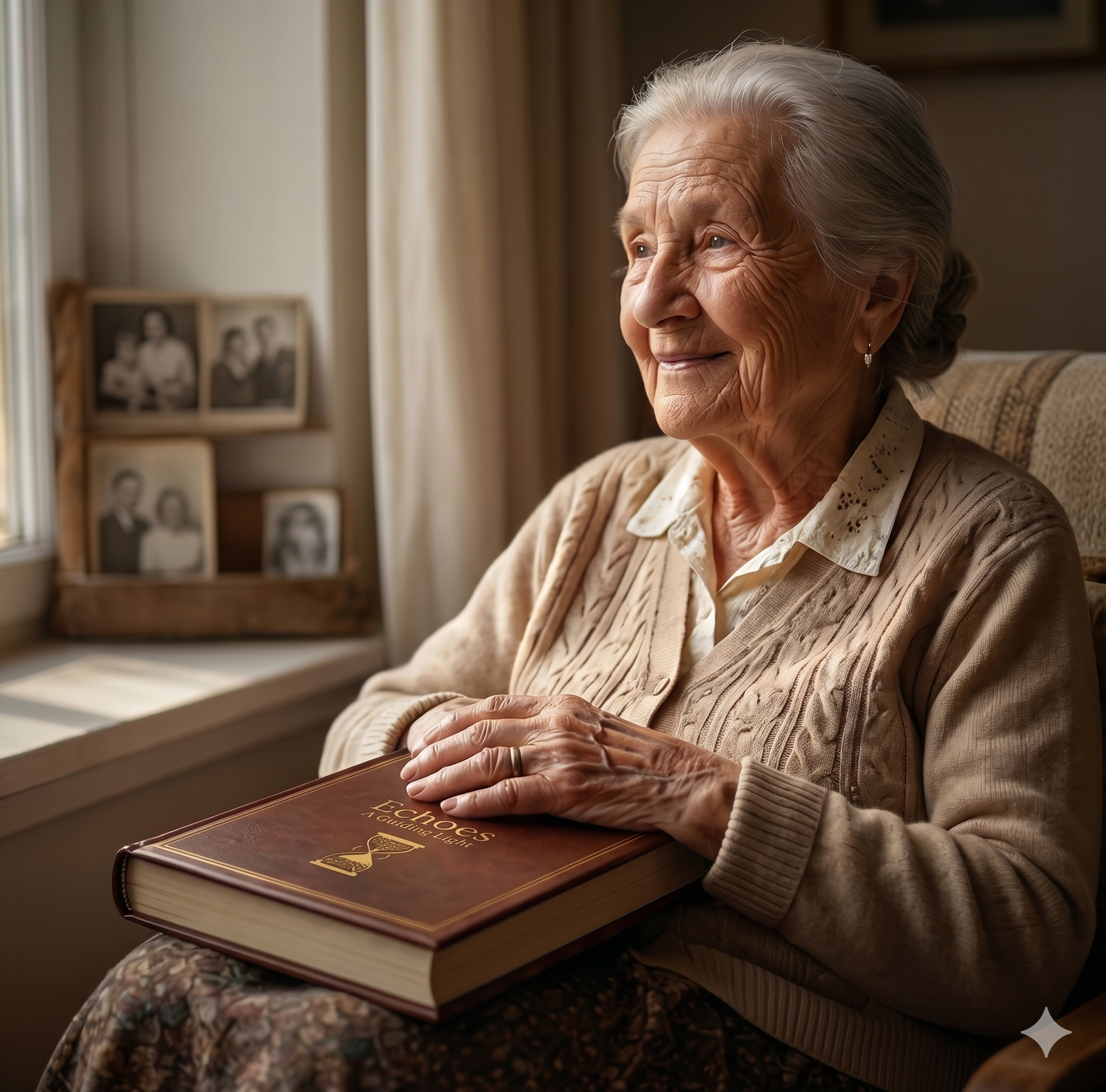 An elder holding her Heritage Book, surrounded by family photographs