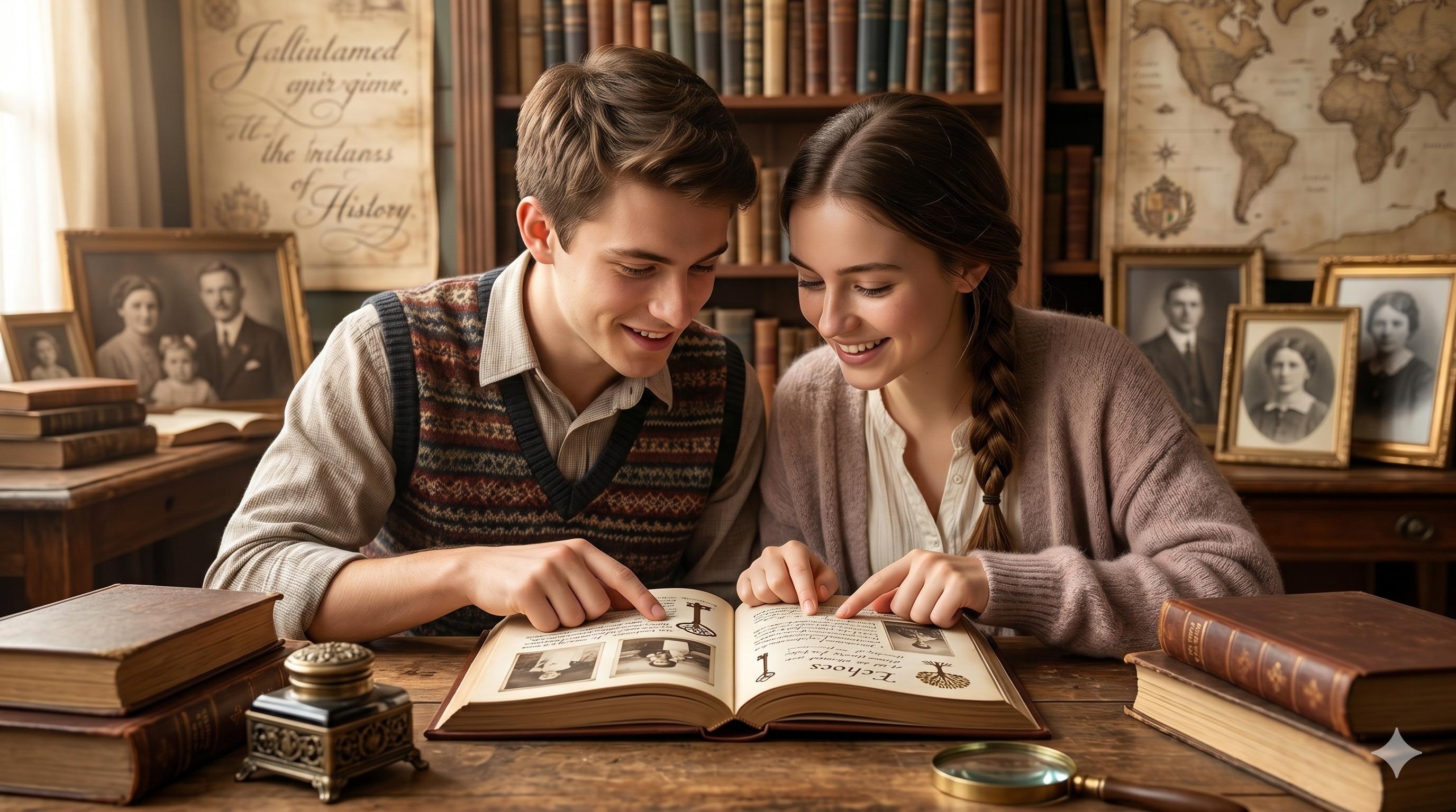A family reading their Heritage Book together, connecting across generations